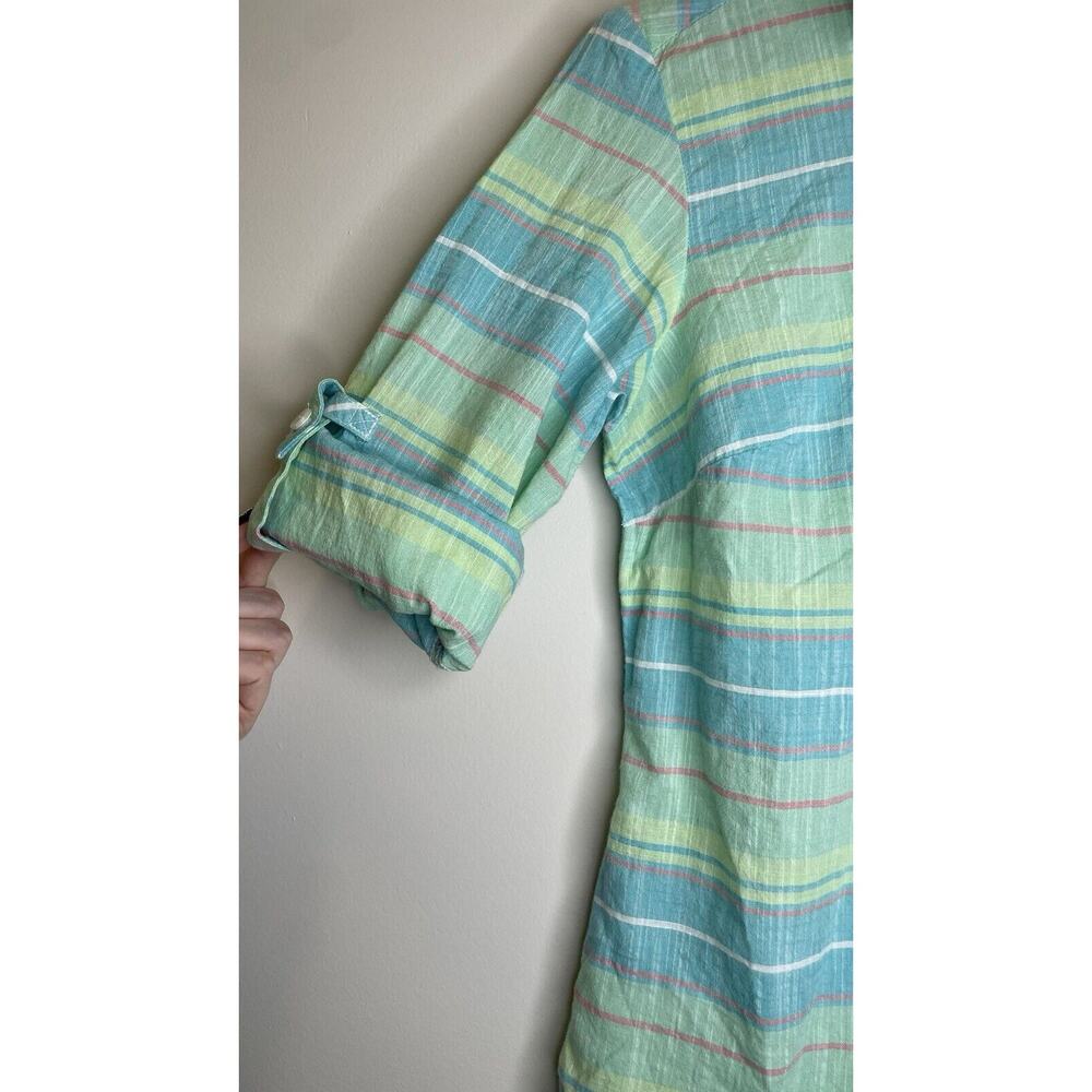 Columbia Plaid Shirt 1/4 Button Pocket Long Roll Tab Sleeves Pastel Cotton Top M - Picture 3 of 12